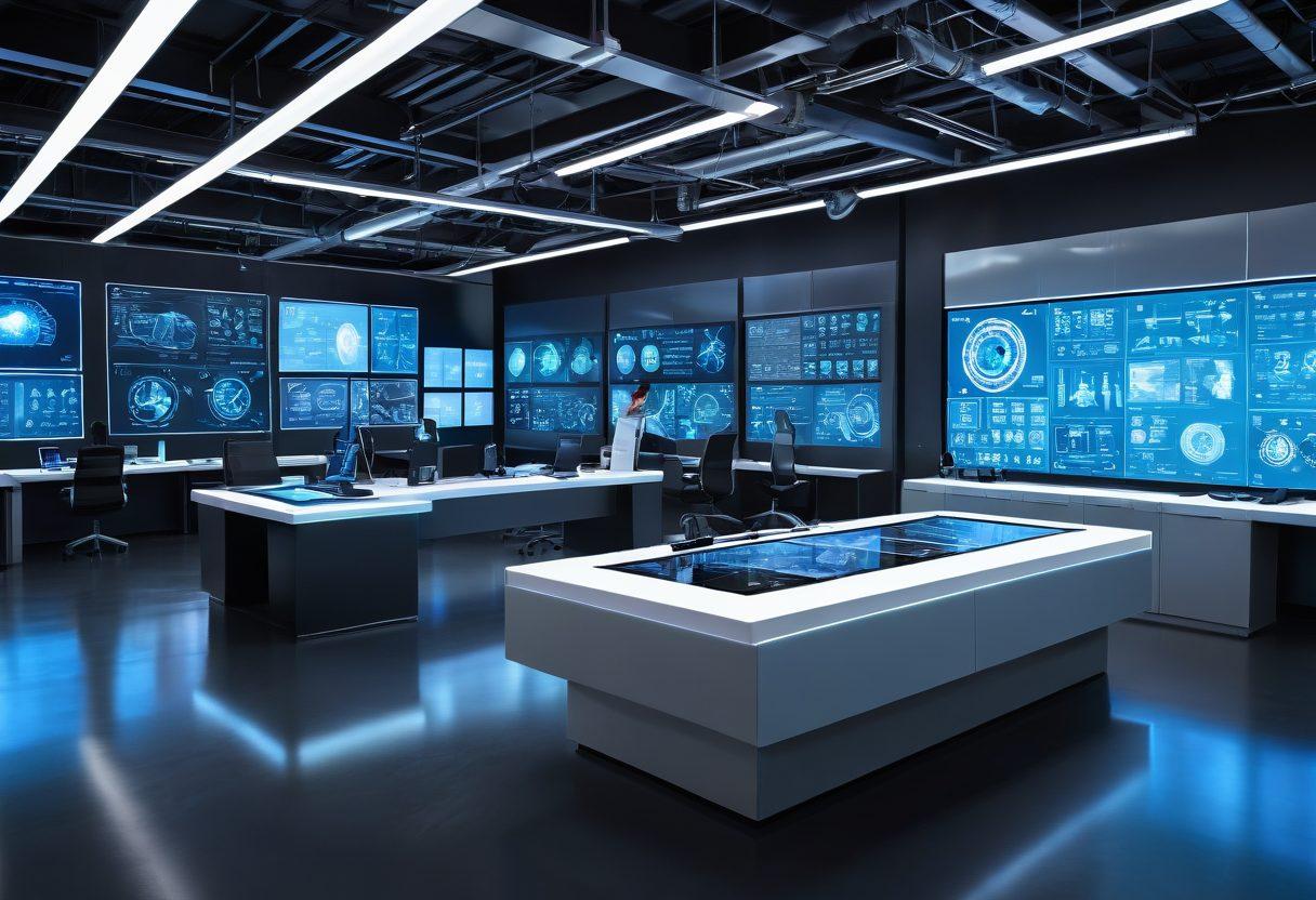 A futuristic workshop featuring scientists and engineers collaborating on advanced sealing technologies. Showcase a sleek, high-tech clamptite device prominently in the center, surrounded by holographic displays with insurance-related icons. The environment should have a clean, modern aesthetic with bright, vibrant colors highlighting innovation. Include elements like gears and digital blueprints to suggest technical precision and creativity. vector art. vibrant colors. clean lines.